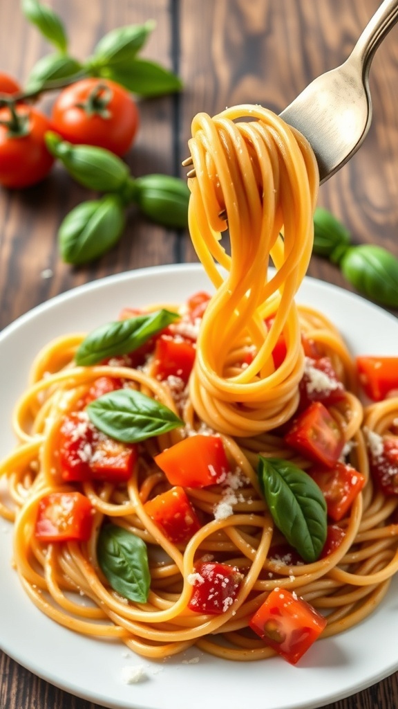 Tomato Basil Pasta Recipe A plate of spaghetti with fresh tomato basil sauce and grated Parmesan cheese on a rustic table.